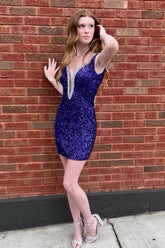 Purple Homecoming Dresses Beaded Backless Sequin Tight Short Cocktail Dresses