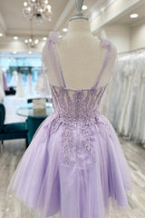 Purple Homecoming Dresses Corset A-Line Tulle Short Flower Cocktail Dresses with Lace