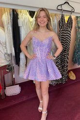 Purple Homecoming Dresses Corset Sequined A-Line Short Cocktail Dresses