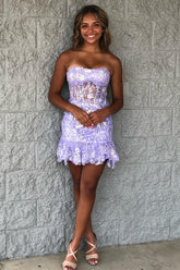 Purple Homecoming Dresses Corset Tight Short Lace Cocktail Dresses