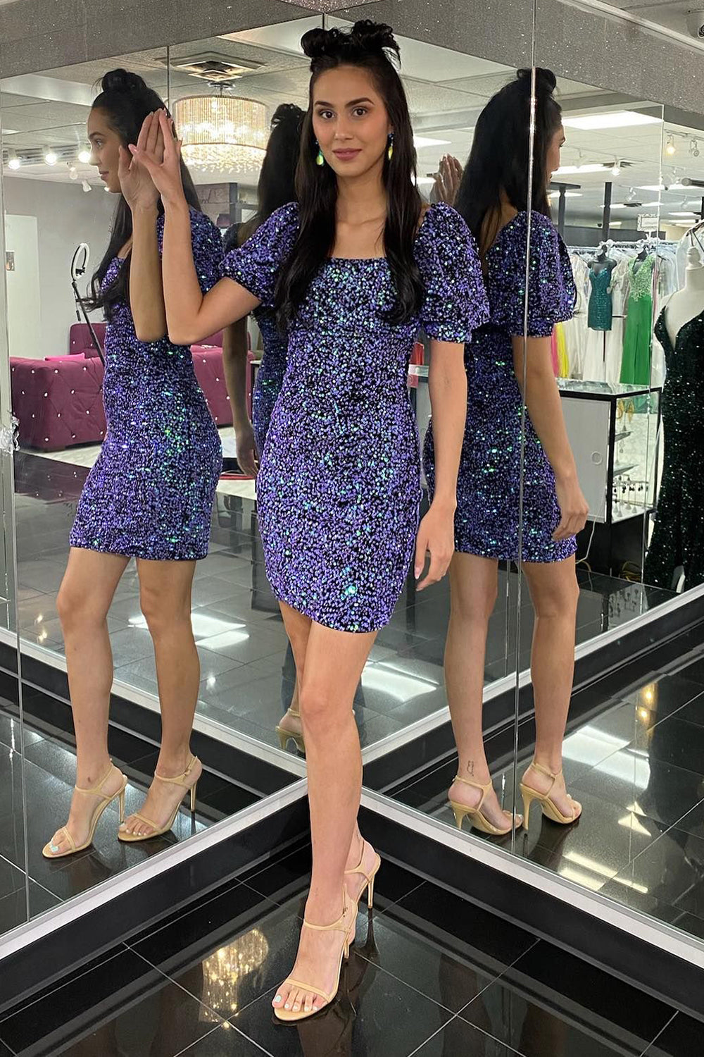 Purple Homecoming Dresses Sequin Short Sleeves Tight Cocktail Dresses