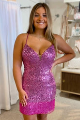Purple Homecoming Dresses Sequin Tight Cocktail Dresses with Fringes