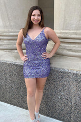 Purple Homecoming Dresses Sequin V-Neck Tight Short Cocktail Dresses