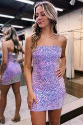 Purple Homecoming Dresses Sequined Tight Short Cocktail Dresses