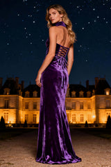 Dressystars Purple Mermaid Halter Lace-Up Back Long Velvet Holiday Party Dress