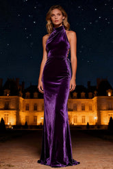 Dressystars Purple Mermaid Halter Lace-Up Back Long Velvet Holiday Party Dress