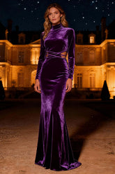 Dressystars Purple Mermaid High Neck Backless Long Velvet Holiday Party Dress