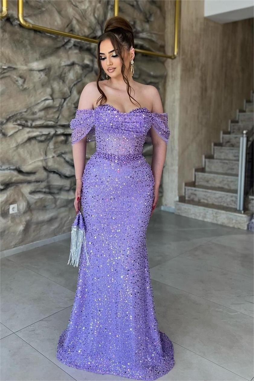 Purple Mermaid Prom Dress Cap Sleeve Off the Shoulder Formal Dress With Sequins