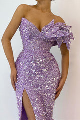 Purple Mermaid Prom Dress Cap Sleeve One Shoulder Sequined Formal Dress