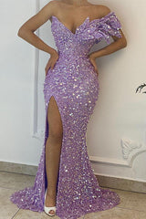 Purple Mermaid Prom Dress Cap Sleeve One Shoulder Sequined Formal Dress