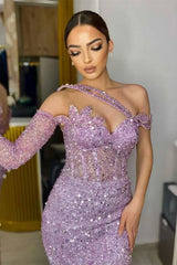 Purple Mermaid Prom Dress Long Sleeve Asymmetric Formal Dress With Sequins
