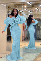 Purple Mermaid Prom Dress Long Sleeve Off the Shoulder Formal Dress With Beadings and Rhinestones
