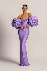 Purple Mermaid Prom Dress Puff Long Sleeve Sweetheart Formal Dress With Beadings and Rhinestones