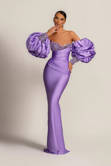 Purple Mermaid Prom Dress Puff Long Sleeve Sweetheart Formal Dress With Beadings and Rhinestones