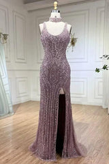 Purple Mermaid Prom Dress Sleeveless Scoop Neck Formal Dress With Beadings and Rhinestones