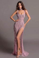 Purple Mermaid Prom Dress Sleeveless Scoop Neck Formal Dress With Beadings and Rhinestones