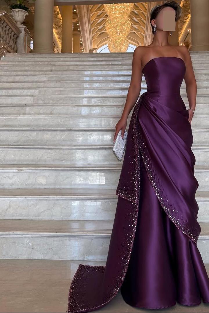 Purple Mermaid Prom Dress Sleeveless Strapless Formal Dress With Beadings and Rhinestones