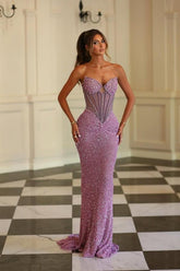 Purple Mermaid Prom Dress Sleeveless Sweetheart Formal Dress With Beadings and Rhinestones