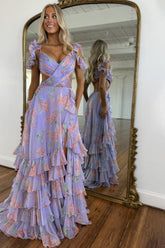 Purple Print A Line Off The Shoulder Long Layered Prom Dress With Slit Formal Evening Gown