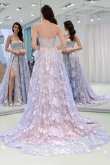 Purple Prom Dress A Line Lace Tulle Long Formal Evening Dress