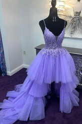 Purple Prom Dress High Low Tiered Homecoming Dress with Lace