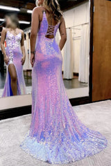 Purple Prom Dress Lace Up Back Mermaid Sequined Long Evening Dress with Slit
