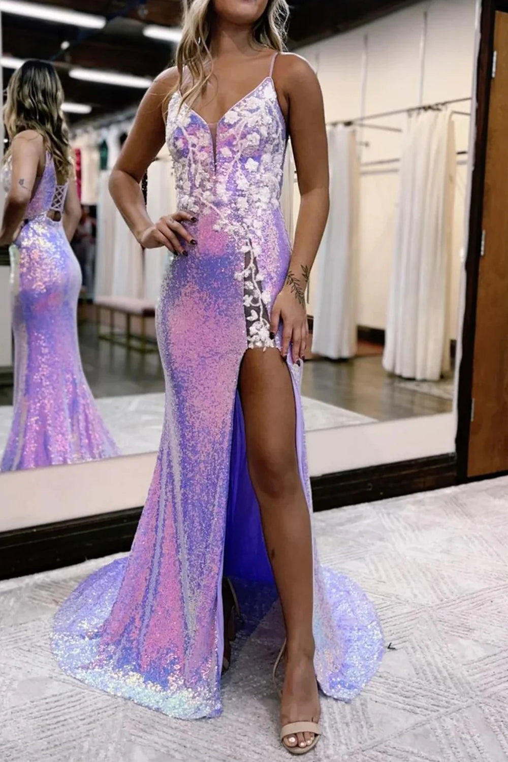 Purple Prom Dress Lace Up Back Mermaid Sequined Long Evening Dress with Slit