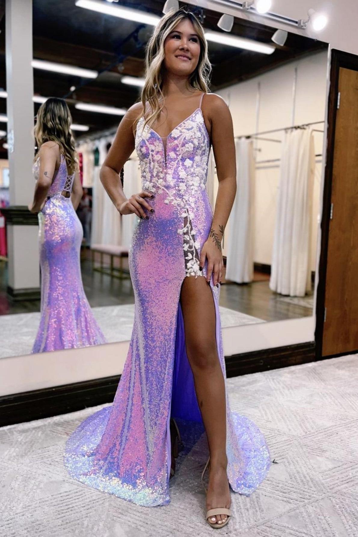 Purple Prom Dress Lace Up Back Mermaid Sequined Long Evening Dress with Slit
