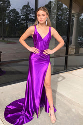 Purple Prom Dress Mermaid Corset Satin Long Evening Dress with Slit