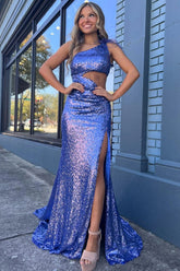 Purple Prom Dress Mermaid One Shoulder Long Evening Dress with Feathers