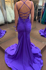 Purple Prom Dress Mermaid Spaghetti Straps Long Evening Dress With Slit