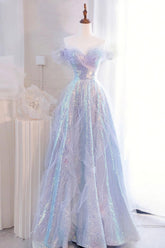 Purple Prom Dress Off the Shoulder Sequin Tulle Long Formal Evening Dress