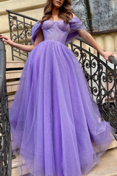 Purple Prom Dress Off the Shoulder Tulle Sequin Long Evening Dress