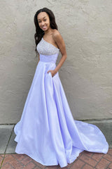 Purple Prom Dress One Shoulder Satin Beaded Long Formal Gown Evening Dress