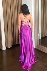 Purple Prom Dress Satin Spaghetti Straps Long Evening Dress with Slit