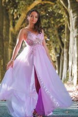 Purple Prom Dress Spaghetti Straps Beaded Long Evening Dress with Slit