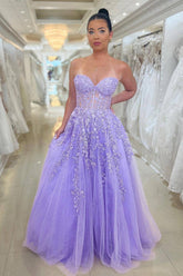 Purple Prom Dress Strapless Long Corset Evening Dress With Appliques