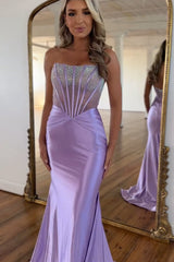 Purple Prom Dress Strapless Mermaid Corset Long Evening Dress