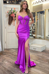 Purple Prom Dress Sweetheart Collar Satin Mermaid Long Evening Dress with Split