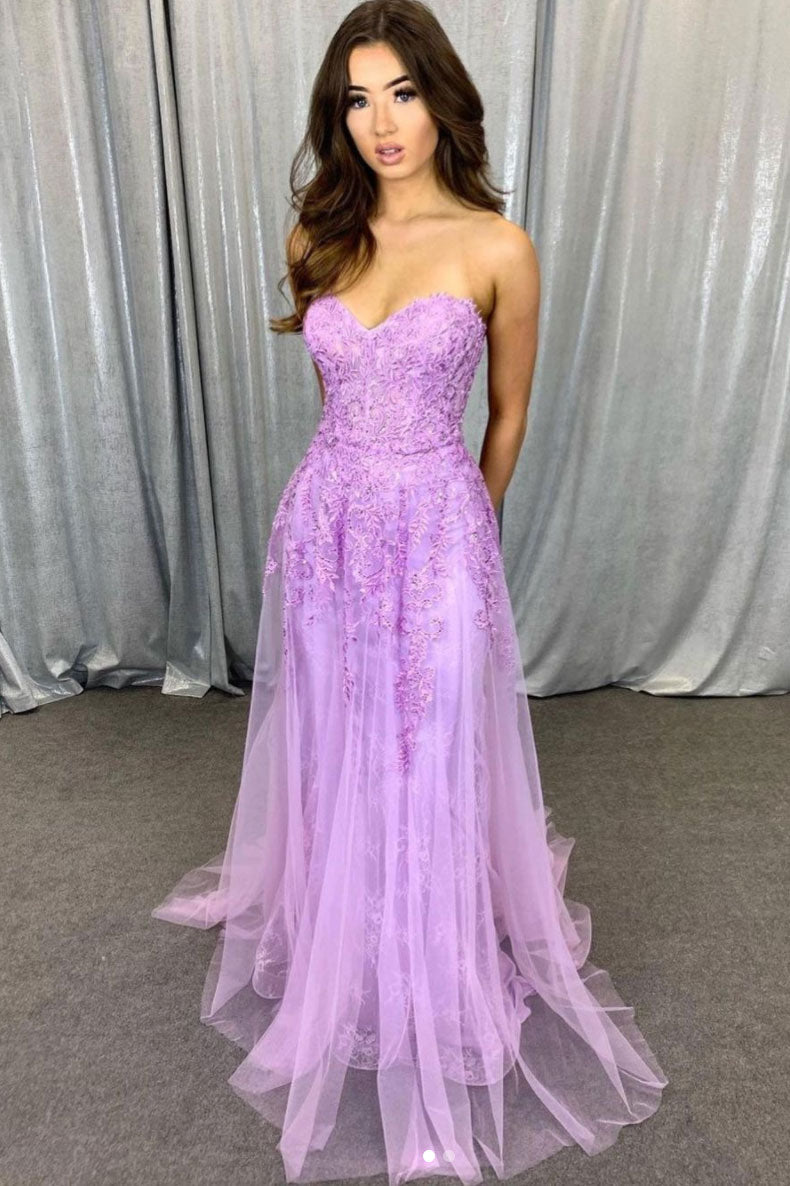 Purple Prom Dress Sweetheart Neck Tulle Lace Long Formal Evening Dress