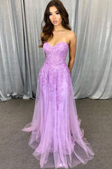 Purple Prom Dress Sweetheart Neck Tulle Lace Long Formal Evening Dress