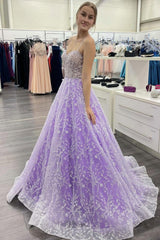 Purple Prom Dress Sweetheart Neck Tulle Sequin Long Formal Evening Dress