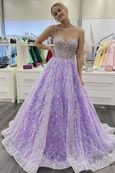 Purple Prom Dress Sweetheart Neck Tulle Sequin Long Formal Evening Dress
