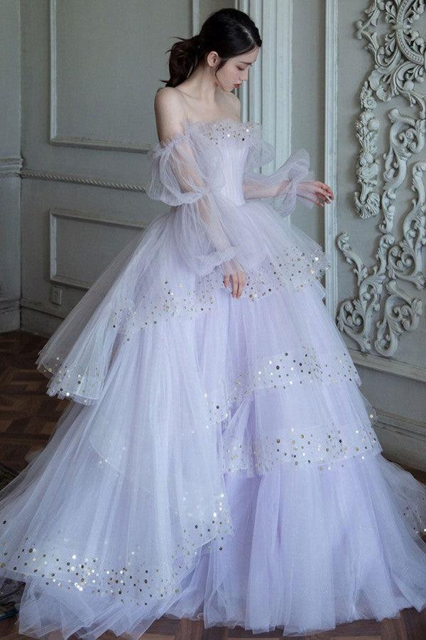 Purple Prom Dress Tulle Sequin Long Evening Dress