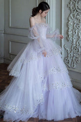 Purple Prom Dress Tulle Sequin Long Evening Dress