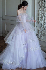 Purple Prom Dress Tulle Sequin Long Evening Dress