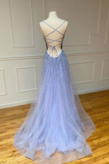 Purple Prom Dress Tulle Sequin Long Formal Evening Dress