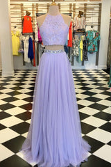 Purple Prom Dress Tulle Two Piece Lace Long Evening Dress