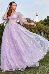Purple Prom Dress V Neck Embroidery Long Evening Dress with Sleeves