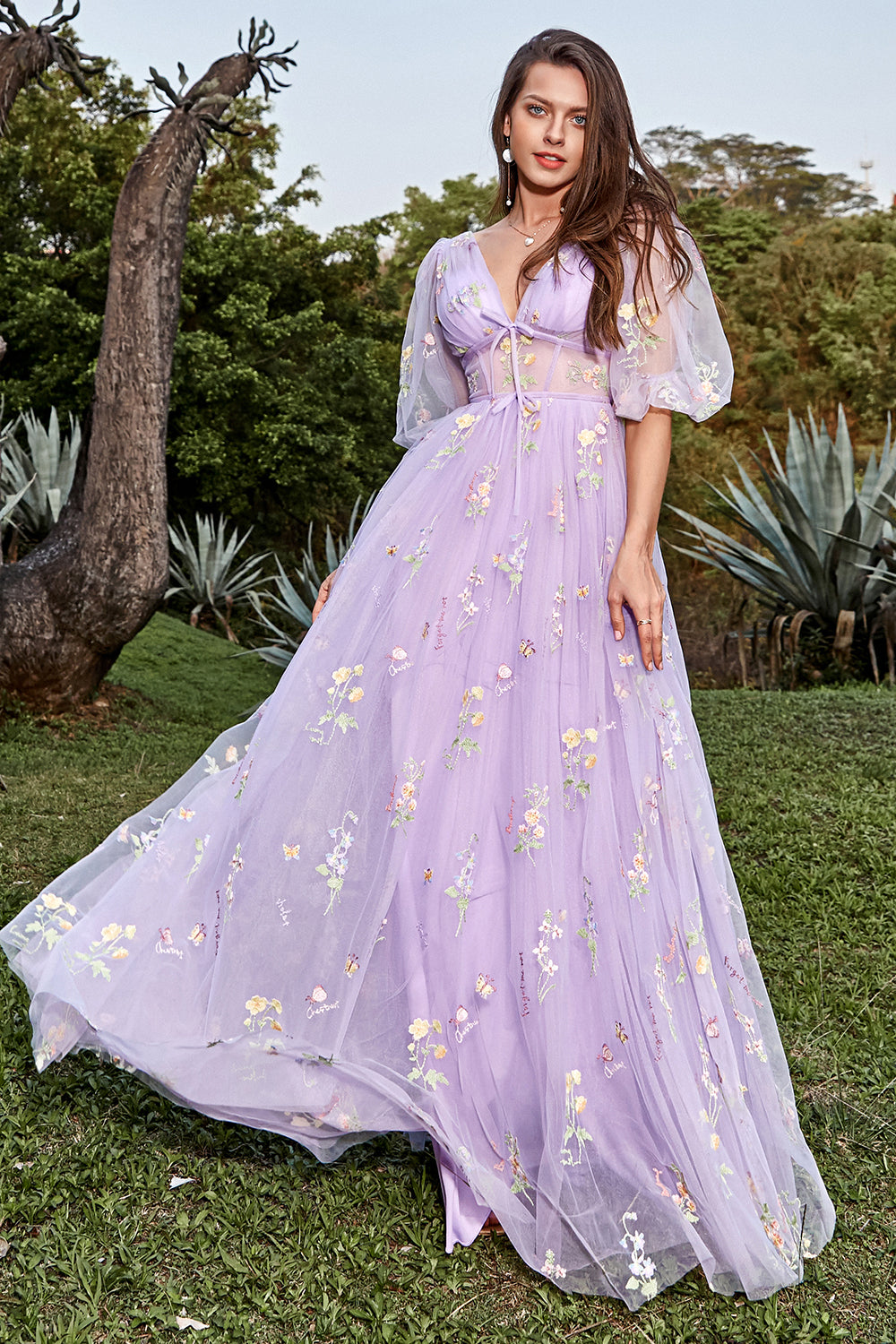 Purple Prom Dress V Neck Embroidery Long Evening Dress with Sleeves